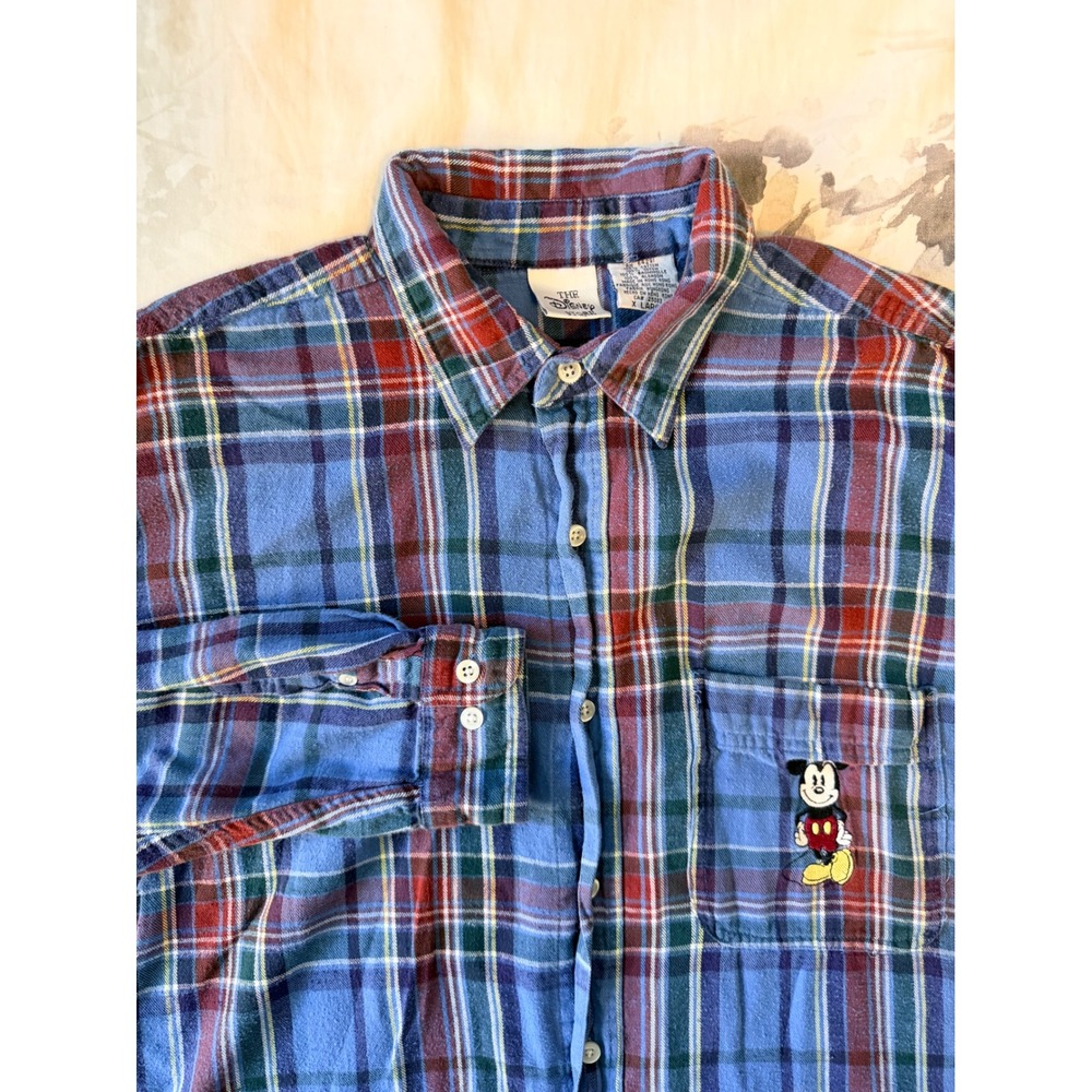 Vintage Disney Store Mickey Mouse Plaid Flannel Shirt Mens XL Blue Red Cotton
